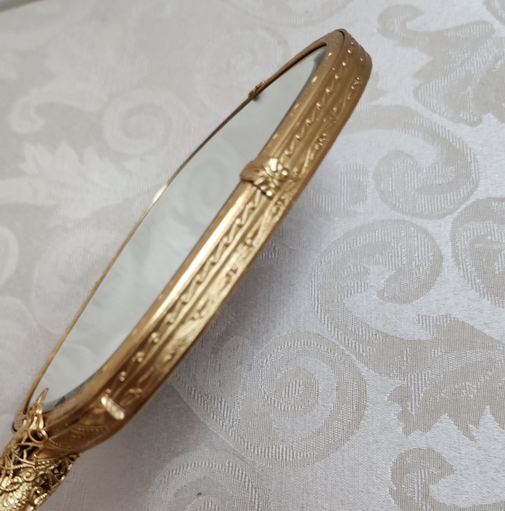 VINTAGE Gold Tone Hand Mirror Embroidered Floral Back Heavy Beveled Glass Vanity - Picture 8 of 13